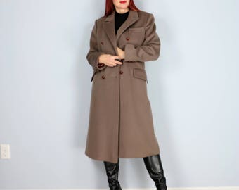 1960s 70s Classic Long Wool Winter Coat - Neutral Double Breasted Blazer Style Coat - Menswear Inspired - Brown Grey - Size Small Medium
