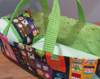 Doll Carrier, Animal Village with Green Lining, 14 Inches Long, Doll Basket