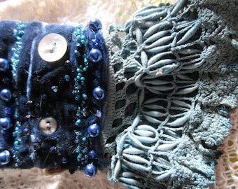 She wore blue velvet, velvet and vintage lace cuff, abalone shell buttons, beads, boho, shabby chic, , one of a kind, fabulous and feminine