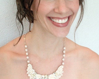 Wedding Necklace- Vintage-Inspired Bridal Necklace- Lace and Pearl Statement Necklace- Bridal Bib Necklace- Pearl and Rhinestone Necklace