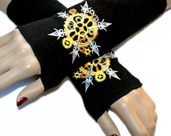 SteamPunk Gold Silver Gears Snowflake Black Fleece Arm Warmers MTCoffinz