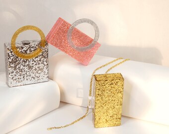 Vintage Circle Lucite Handle Glitter Acrylic Box Clutch