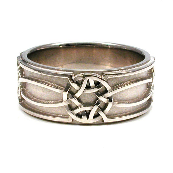 Mens 14k Palladium White Gold Celtic Knot Band - Handmade Engagement Wedding Ring