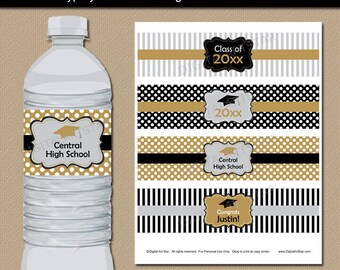 Black Gold Silver Graduation Water Bottle Labels, Printable Party Decorations, Editable College Graduation Water Labels Instant Download G4