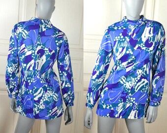 European Vintage Micro Mini, Abstract Floral Pattern in Bright Blue Royal Blue Aquamarine Teal White 1960s Short Dress: Size 10 US, 14 Uk