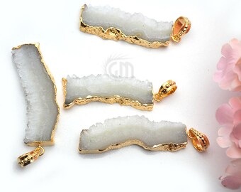 White Druzy Pendant, Gold Edged Pendant, Rectangle Pendant, Necklace Pendant, Gemstone Pendant, GemMartUSA (GPWZ-50076)