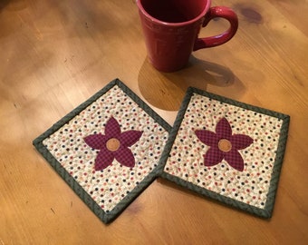 Flower Mug Rugs / Quilted Mug Rugs / Handmade / Spring Decor /Item #2396