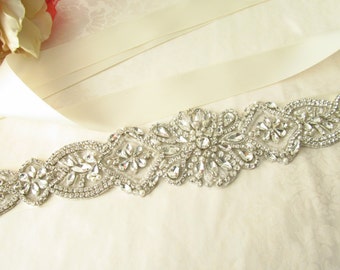 Crystal Beaded Bridal Sash / Rhinestone Bridal Sash / Ribbon Bridal Sash