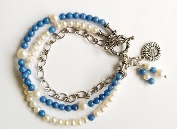 Pearl Bracelet, White Pearl Bracelet, Blue Bracelet, Blue Jade Bracelet, Chain Bracelet
