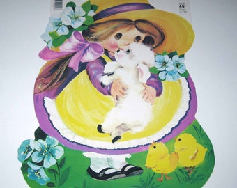 Vintage Die Cut Cardboard Easter Decoration with Girl White Lamb and Chicks by Eureka