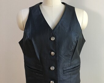 Vintage 1990s 90s 90's women's Contempo Casuals black genuine leather fitted punk rocker biker vest pockets M medium 36 bust 32 waist