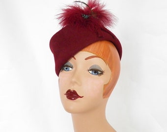 Vintage garrison hat, 1940s woman's maroon tilt, feather accent