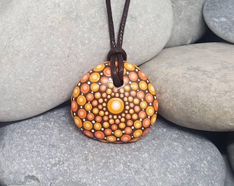 Orange Painted Necklace - Painted Rock - Hand-Painted Mandala Rock - Painted Stone - Mandala Pendant - Chakra - Meditation - Unique