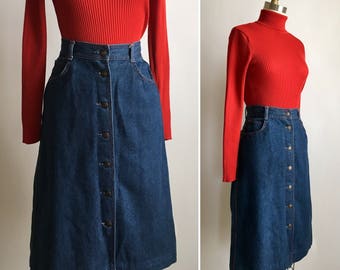 70s denim skirt M ~ vintage button down skirt