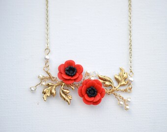 Red Anemone/Poppy and leaves vine Necklace.