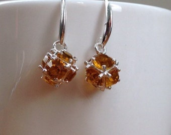 Silver and yellow/ light brown topaz crystal ball earrings