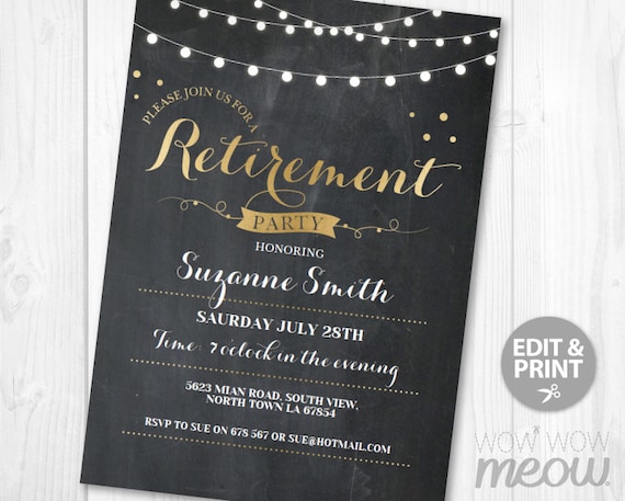 retirement invitation gold black chalk retired invite surprise party invites templates
