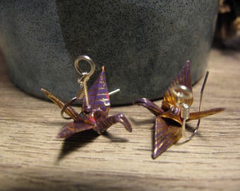 Origami paper cranes purple gold earrings