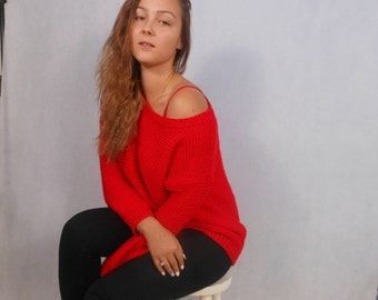 Hand Knit Sweater Tunic Knit Women's Sweater Red Pullover Hand Knit Jumper Knit Blouse Red Acrylic Yarn Choose Color