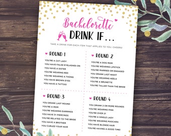Bachelorette Party Games, Drink If Game, Printable Bachelorette Games, Hen's Night, Hen Party, Gold, Pink, Black, Drinking, Instant Download