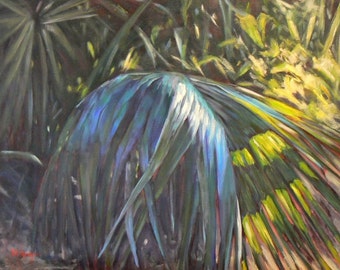Tropical Landscape Painting, Florida Painting BLUE PALMETTO, 16x20x1.5" oil landscape