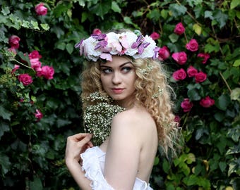 White flower crown, butterfly flower garland, Lana Del Ray, Wedding headpiece, nature inspired, vintage inspired, rustic rose, love.