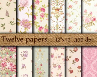 Floral Digital Papers: "FLORAL ROSES PAPER" pink roses , red roses , shabby chic floral , decoupage papers , vintage papers