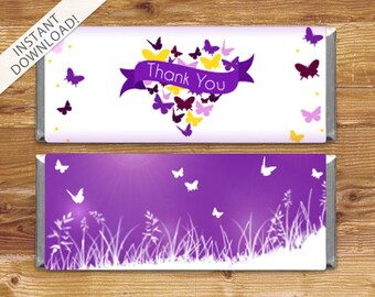 Instant Download Butterfly Candy Bar Wrappers - Baby Shower Candy Wrappers - Purple Butterflies - Thank You