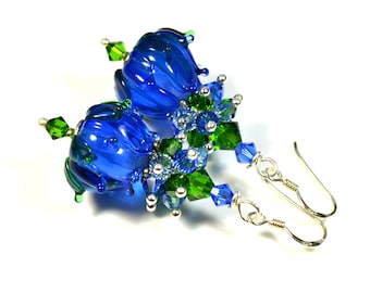 Blue floral buds earrings, Murano lampwork art glass beads, OOAK