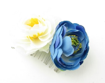 Ivory Blue Camellia Rose Flower Hair Comb Bridesmaid Ranunculus Rockabilly B48