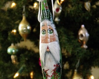 Hand Painted 7" Green Santa and Pip Berry Gourd Ornament - Holiday Decor - Folk Art Santa - Primitive Santa - Original Design - Ornament