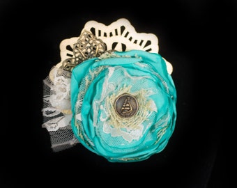 Aqua and Ivory Steampunk Fascinator- Steampunk Mermaid Hair Clip- Mermaid Accessories- Beach Wedding- Steampunk Pirate Fascinator- Memaids
