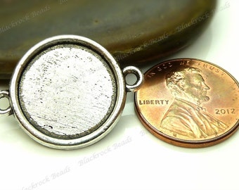 10 Cabochon Connector Settings Antique Silver Tone - Fits 14mm Cab, Round Bezel Trays, Cameo Base, Pendant Blank, 2 Loops - BK10