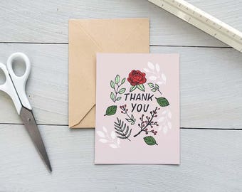 Printable Thank You Cards, Thank You Card Instant Download, Flower Floral Illustration, Greeting Card For Friend, Illustrated Card