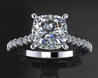 lara ring - 1.7 carat cushion cut NEO moissanite engagement ring, diamond pave ring