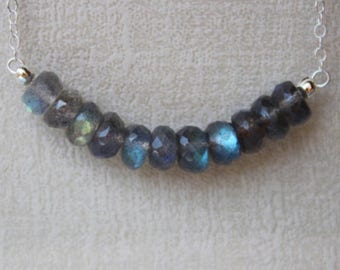 Labradorite Necklace, Blue Labradorite Necklace, Flashy Labradorite Necklace, Gemstone Bar Necklace