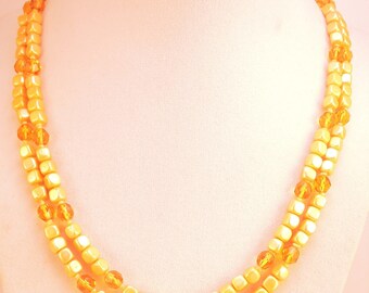 Square Yellow Bead Double Strand Necklace c1940-50s