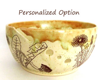 Knitting Organizer -Yarn Bowl - Dandelions - Can be Personalized - Gift for Her - Dandelions - Hand Thrown Ceramic Stoneware Pottery