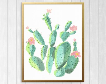 Watercolor Cactus Printable, Cactus and flower water color print, boho wall art printable, instant digital download, galley wall art