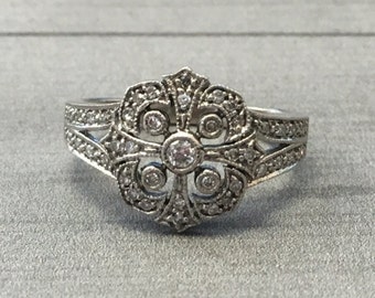 Filigree Edwardian Style Diamond Ring - 10k White Gold 0.15 cttw