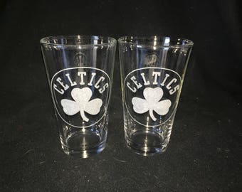 Boston Celtics Hand Etched Pint Glasses!