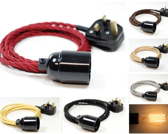 4m Twisted Fabric Flex Cable Plug In Industrial Vintage Pendant Lamp Light Set E27 Fitting & 40w Vintage Edison Bulb