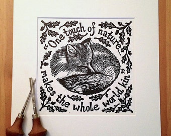 One Touch of nature makes the whole world kin. Shakespeare quote linocut. 8x8inches.