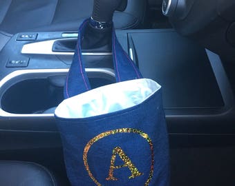Monogrammed car trash bag, car trash can, car litter bin, auto rubbish bin, reusable trash bag, denim, personalized gift/car accessory