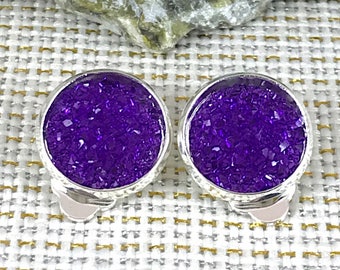 Purple Druzy Clip On Earrings - Druzy - Clip On Earrings - Non Pierced Ears - Clip Ons - Non Pierced Earrings - Purple Clip On Earrings -