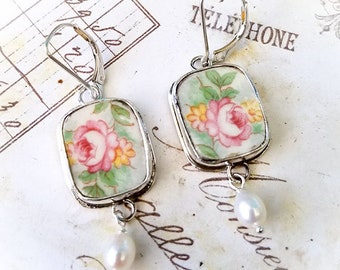 Broken China Jewelry Vintage Yellow Peach Pink Roses Sterling Leverback Earrings