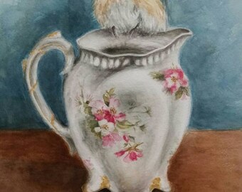 Bluebird on pitcher original watercolor painting