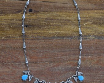 Vintage Turquoise Sterling Silver Feather Necklace