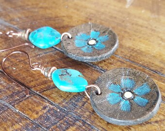 Copper and Turquoise Flower Blossom Earrings - Hand Tooled Leather Earrings - Leather Discs - Western Jewelry - Cowgirl Jewelry