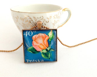 rose necklace, vintage postage stamp jewelry, rose pendant, vintage stamp necklace